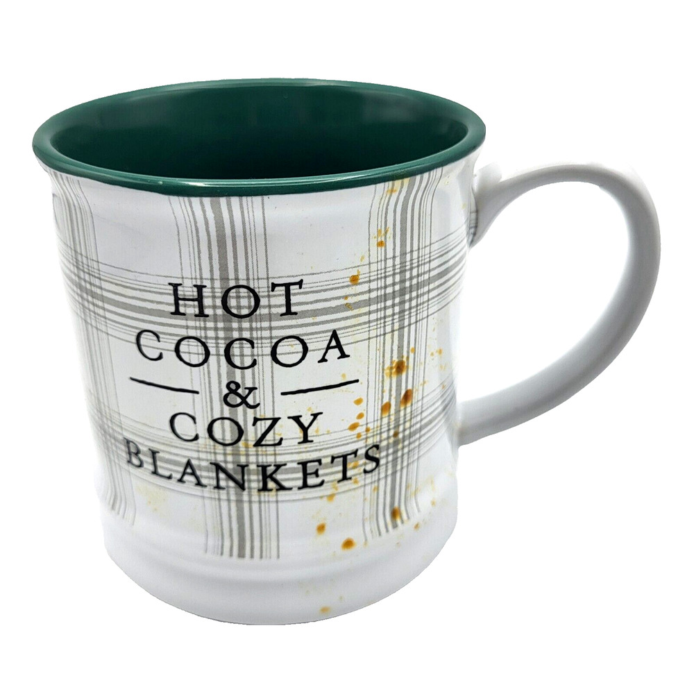 Holiday Ceramic Mug Hot Cocoa Cozy Blankets White Green 14oz 4" Tall NEW